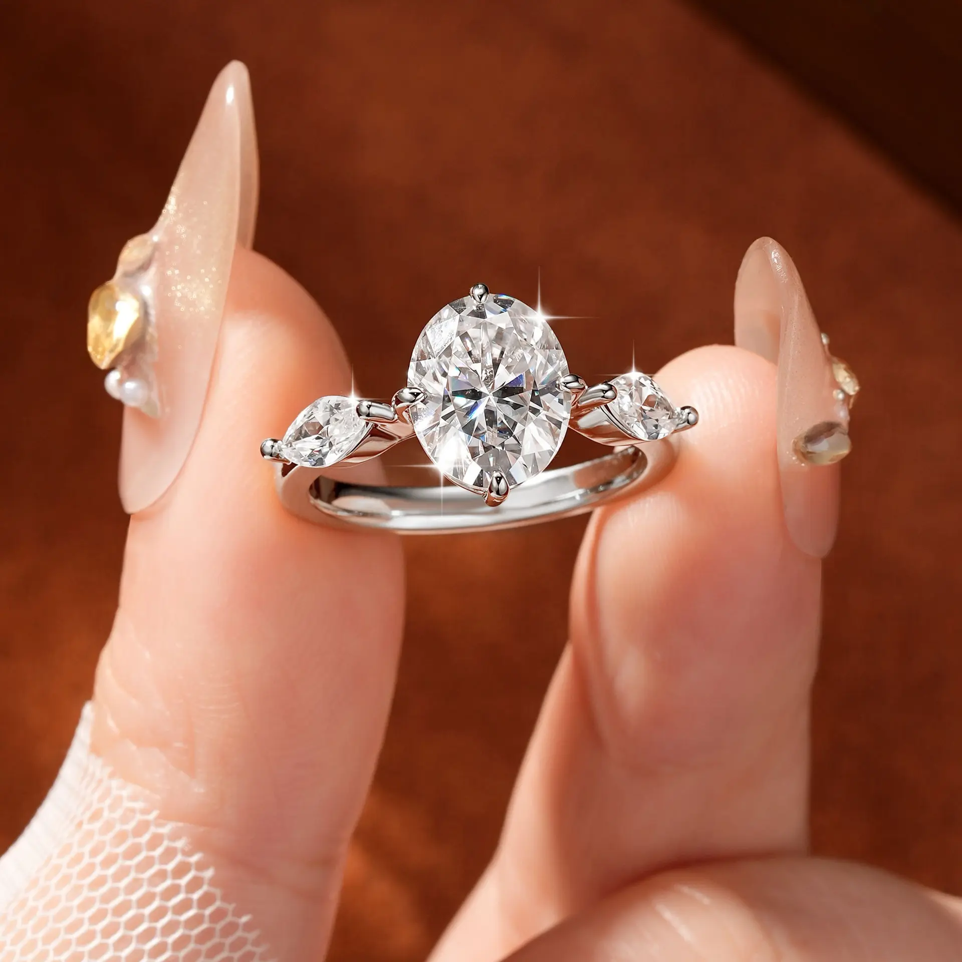 Trilogy Oval Moissanite Engagement Ring with Pear Side Stones - Promise Wedding Ring, Romantic Gift for Girlfriend for Anniversary, Birthday