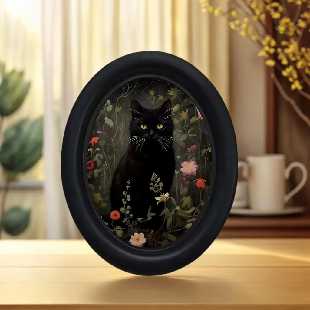Vintage Halloween Cat Oval Decorative Wall Art in Artistic Floral Design, Vintage Floral Print, Floral Aesthetic Pattern, Handmade Wooden Animal Decor for Halloween, Christmas, Thanksgiving, Retro Home and Office Decoration, Oval Shape, Decoration Items