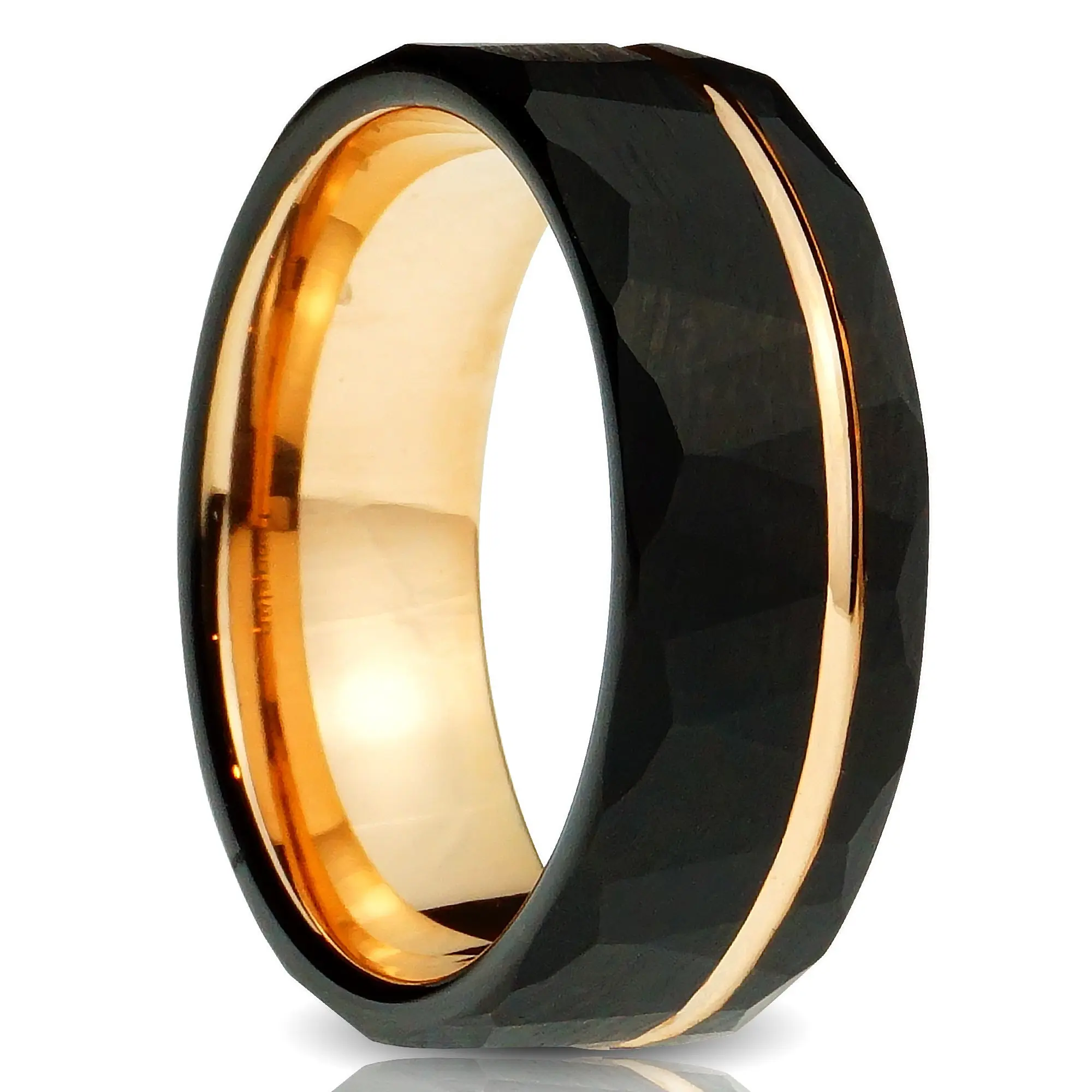 Black Hammered Tungsten Ring, Rose Gold Strip - 8mm