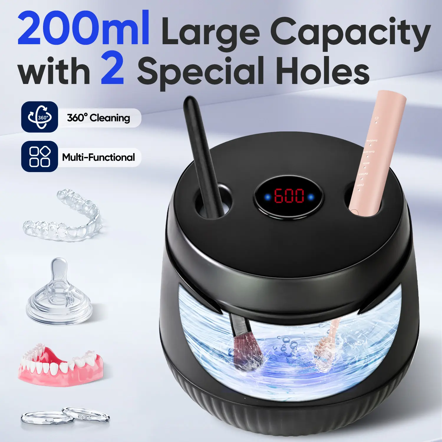 MySmile 45-48kHz Frequency Ultrasonic Cleaner Machine - 45000Hz-48,000Hz Ultrasonic Power, Lightweight Compact 200ml Stainless Steel Bath, 1-Button Operation for Dental Accessories, Teeth Whitening Trays, Bathroom Counter Portable Use