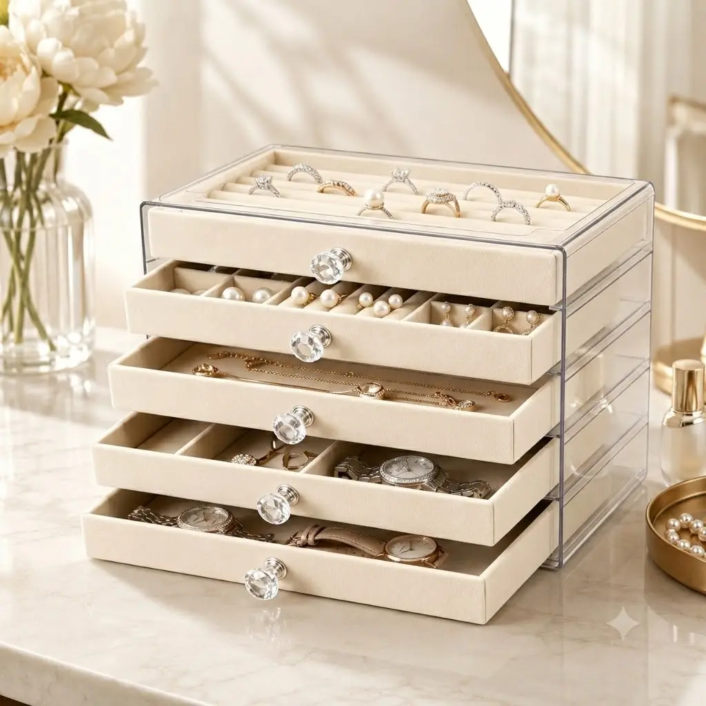 Acrylic Jewelry Organizer 5 Drawers Velvet Jewelry Box Clear Rings Earrings Necklace Display Case Vanity Storage Aesthetic Room Decor Gift for Her