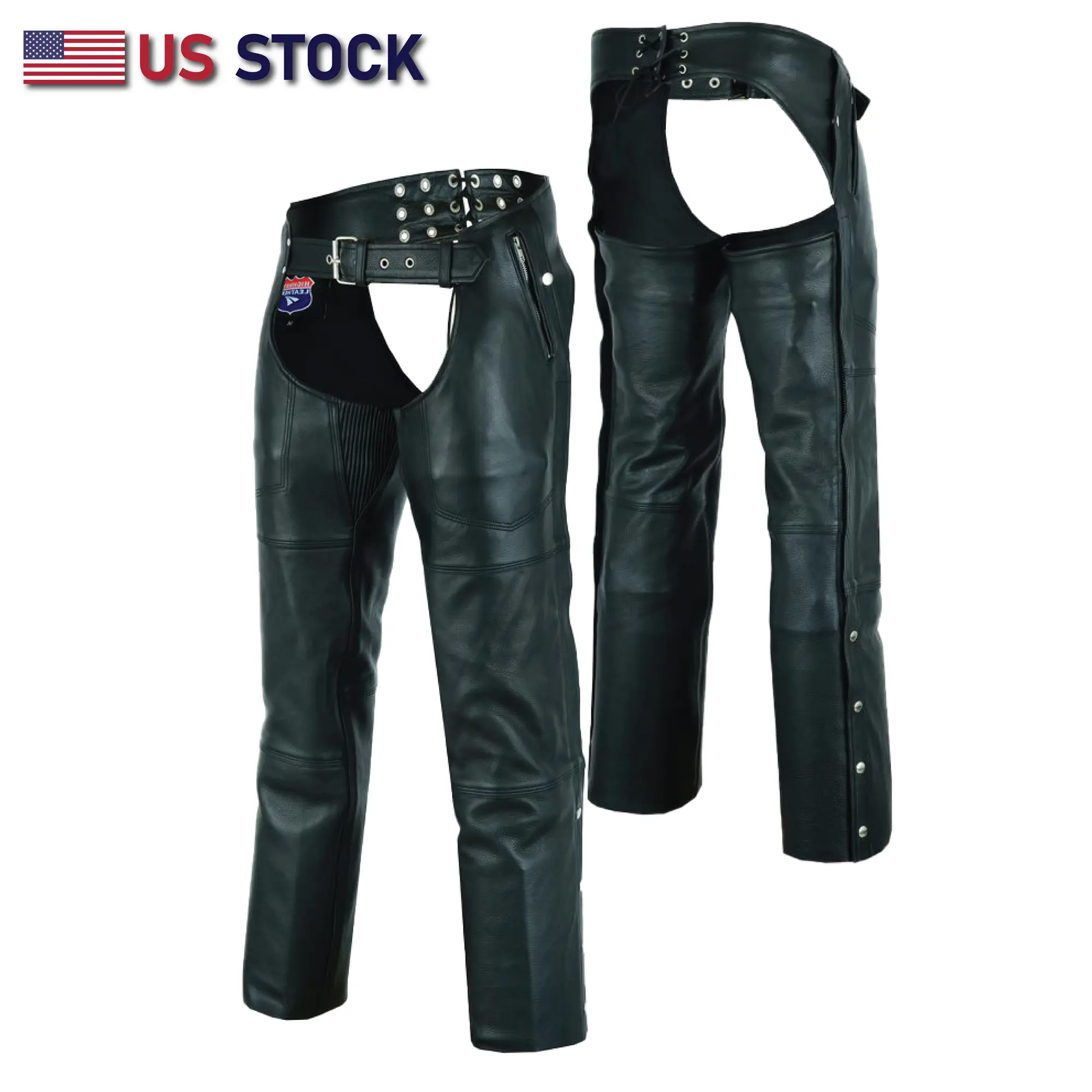 Men's Heavy Buffalo Leather-Lined Chaps, HL12840NKD Black Motorbike Riding Biker Pants with Pockets, Available in 2XL, 3XL, 4XL