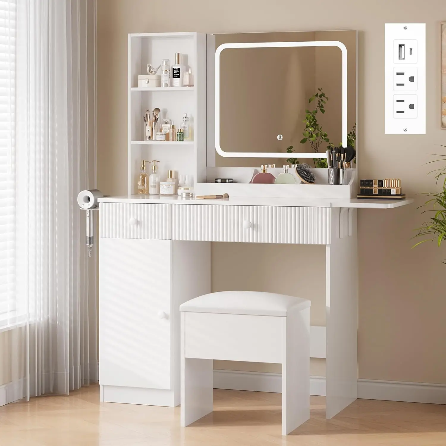 Gaomon Stylish Illuminated Adjustable Vanity Desk - White Foldable Makeup Vanity with Lighted Mirror, Power Strip, Multiple Drawers, Cushioned Stool for Bedroom Storage Organization, Foldable Vanity Desk