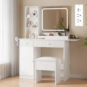 Gaomon Stylish Illuminated Adjustable Vanity Desk - White Foldable Makeup Vanity with Lighted Mirror, Power Strip, Multiple Drawers, Cushioned Stool for Bedroom Storage Organization, Foldable Vanity Desk