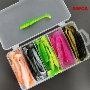 50PCS Paddle Tail Swimbait Soft Plastic Lures Kit, Threaded Lifelike T-Tail Baits for Trout Catfish Salmon Freshwater & Saltwater Fishing