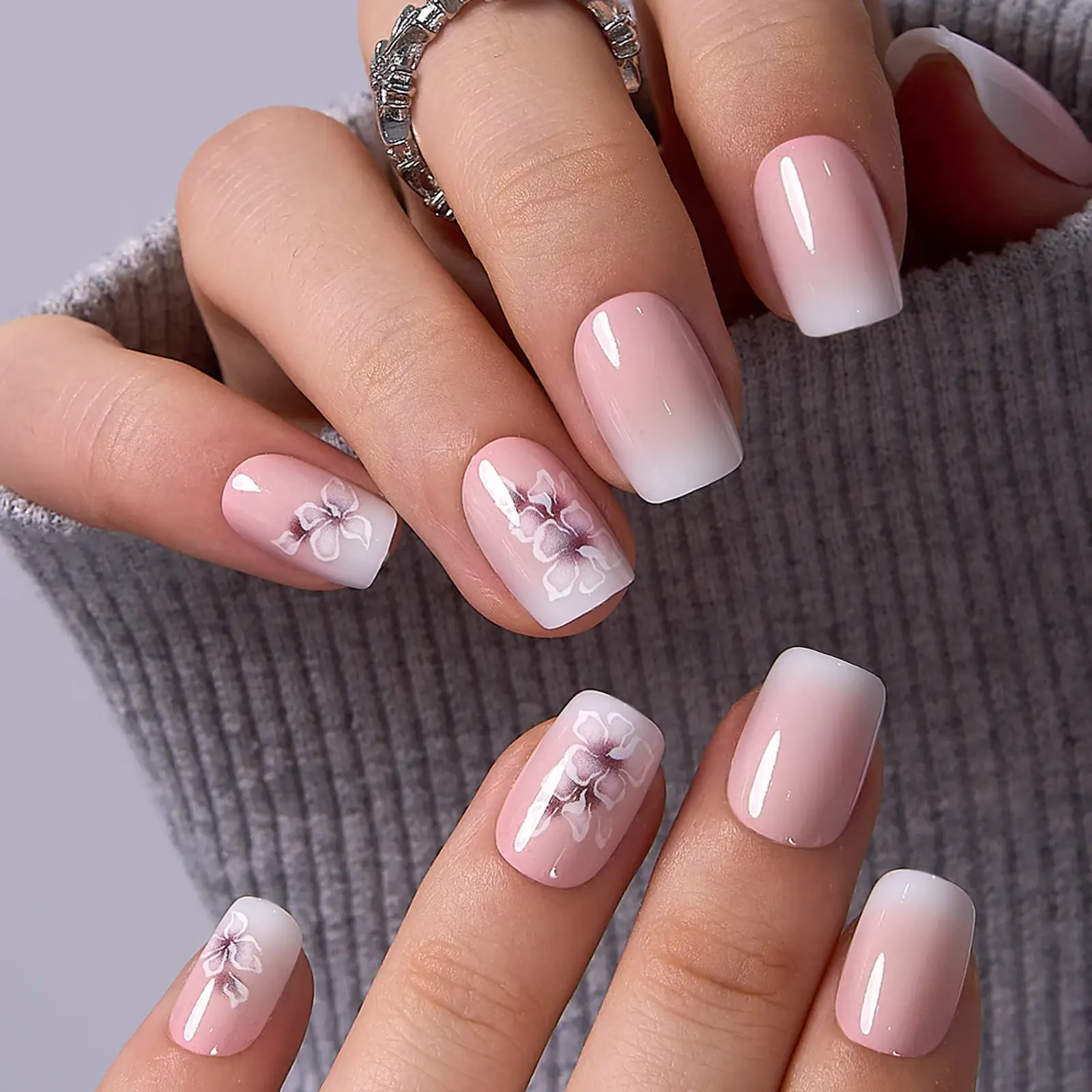 Pink Ombre Press On Nails | CurvLife Nail | 24pcs Short Square Fake Nails | Gradient Floral Design | Easy Apply, Long-Lasting | Daily & Business Nail Art