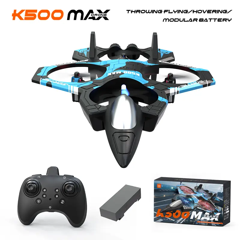 K500 Max RC Fighter Drone, Hand Throw Takeoff Airplane Quadcopter with LED Lights, 360° Stunt Roll, 2.4G Remote Control, Safe Foam Design for Kids & Adults
