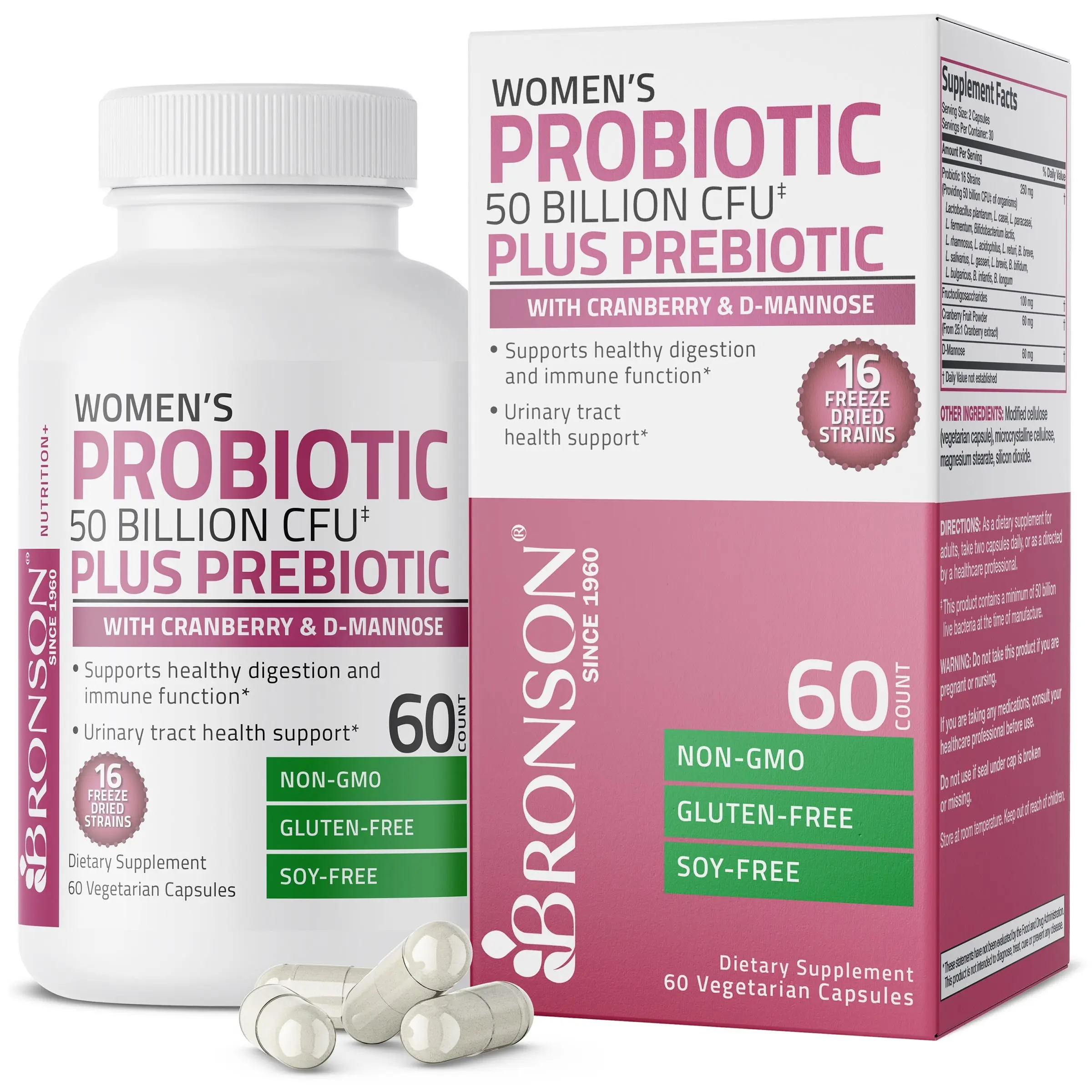 Bronson Women's Probiotic 50 Billion CFU + Prebiotic with Cranberry & D-Mannose – Women's Health, Immune Function and Urinary Tract Support, 60 Vegetarian Capsules, Prebiotic + Probiotic Blend For Her, Prebiotic Probiotic Blend  Dietary Supplement