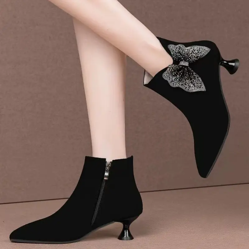 Women's Black Ankle Boots with Sparkly Rhinestone Bow- Stylish Kitten Heel, Zip- Up Design