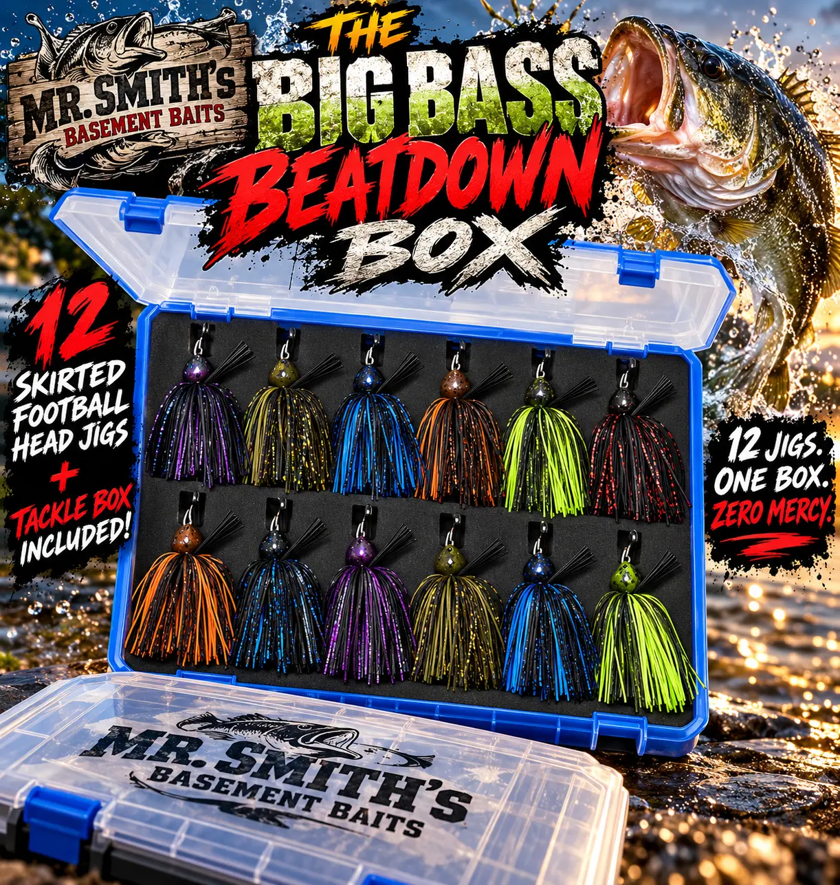 The Big Bass Beatdown Box-12 Weedless Skirted Football Head Jigs and a tackle box