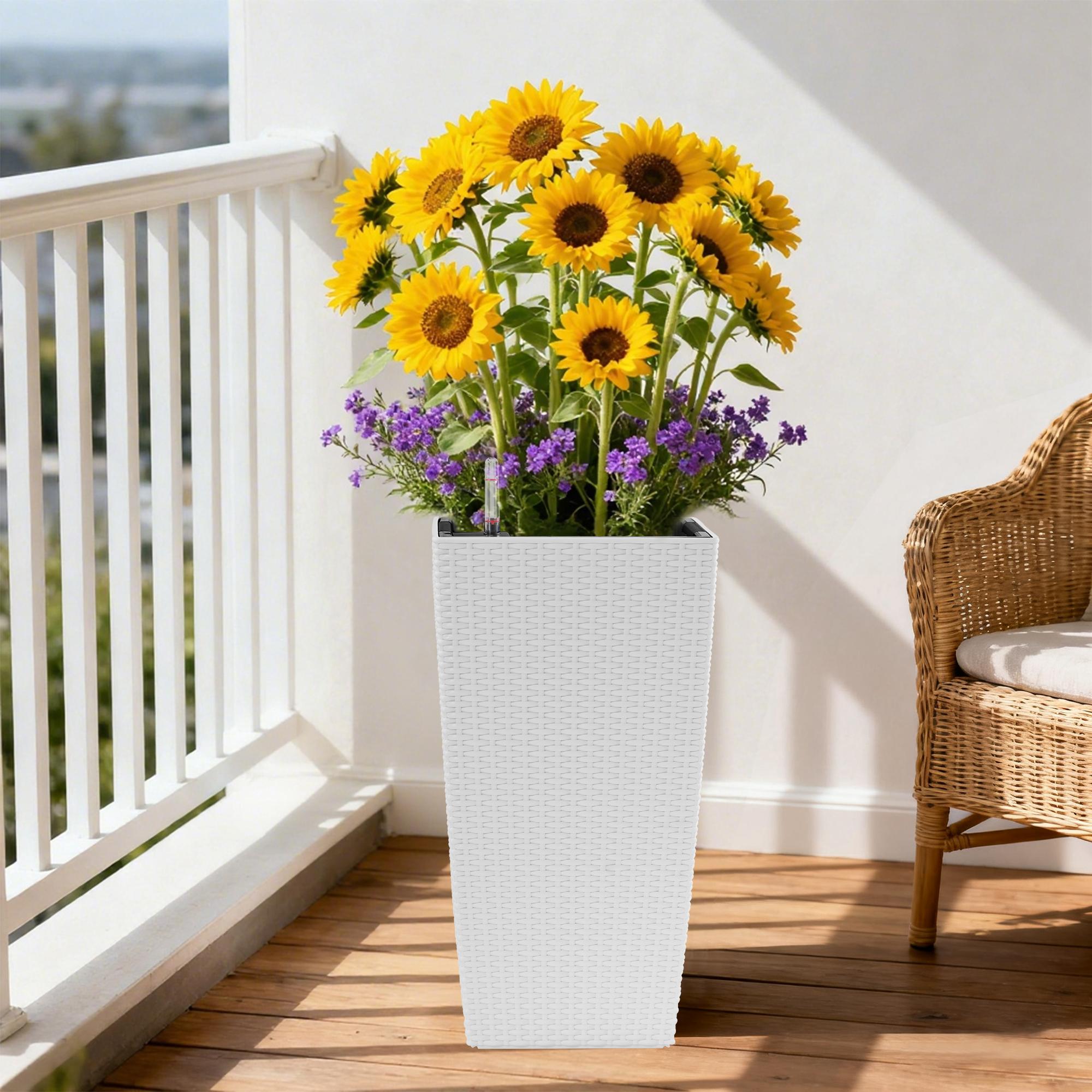 22 Inch High Pack of 2 Large Square Faux Rattan Planters, Self-Watering Flower Pots with Automatic Watering System & Drainage, Modern White Decorative Planter for Indoor Outdoor Use, Perfect for Porch, Patio, Backyard, Garden