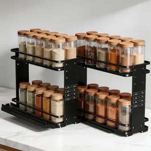 Nieifi Metal Adjustable Pull Out Spice Rack 2-Tier 40-Bottle Capacity Built In Shelf Cabinet Organizer Kitchen Storage Solution Pantry Organizer