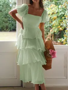 Elegant French Style Square Neck Bubble Sleeve Backless Layered Midi Dress, Casual Fitted Plain Design, Perfect for Vacation Wear