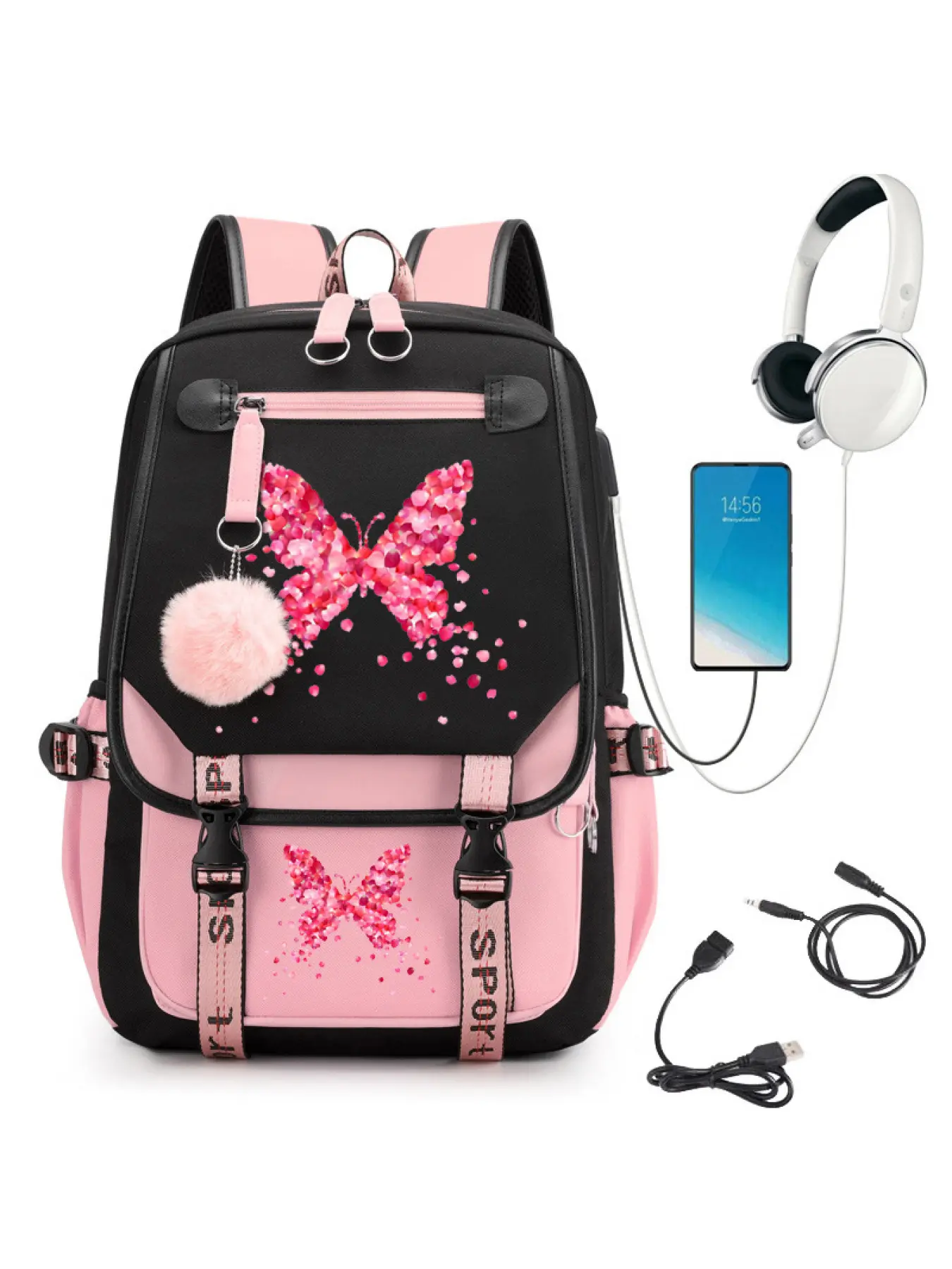 Backpack, School backpacks, Casual College Backpack, Featuring Star And Heart Butterfly Designs, Versatile Large Capacity Travel Bag, Lightweight, with Zipper Closure, Lined Interior, Adjustable Shoulder Straps, Perfect for College And Back-To-School