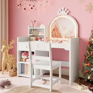 Kids Vanity with Lighted Mirror - 2 in 1 Princess Vanity Set Toddler Vanity Table and Chair Set with Open Bookshelf - Storage Cabinet and Shelves for Little Girls - White