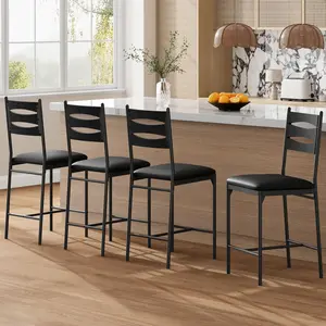 Garvee Set of 4 Comfortable Bar Stools with Wooden Backrest and Metal Legs, Synthetic Leather Seat with Footrest, for Kitchen Island and Counter, 4 Units, Black Color