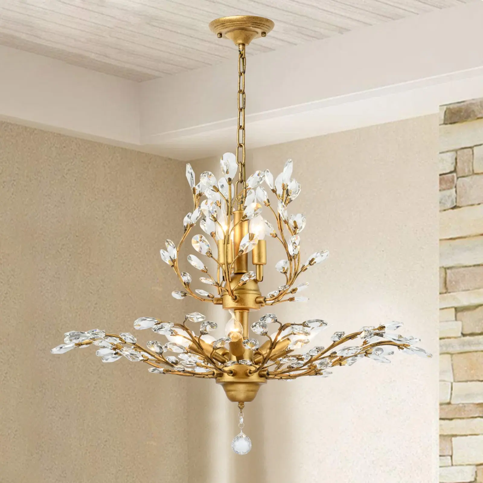 Garwarm 7-Light Vintage K9 Crystal Chandelier with Gold Finish, Elegant Design for Living Room, Bedroom, Restaurant & Porch Use Decorative Lamp