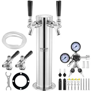 VEVOR Kegerator Tower Kit,  Dual Taps Beer Conversion Kit, Stainless Steel Keg Beer Tower Dispenser with Dual Gauge CGA320 Regulator & D-System Keg Coupler, Self-Closing Spring for Party Bar Home