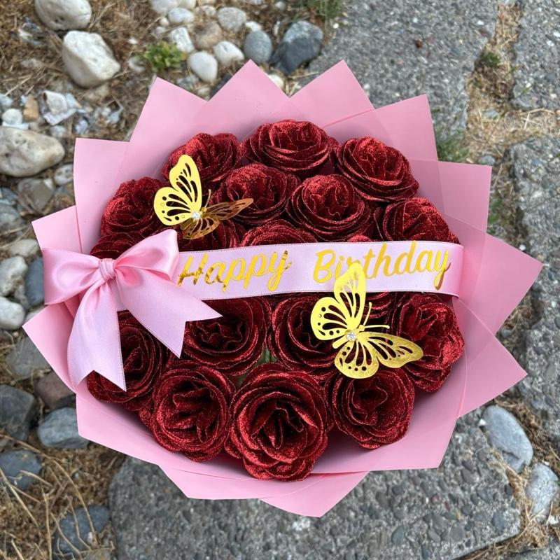 Red Glitter Artificial Roses Bouquet with Te Amo Ribbon and Gold Butterflies for Special Occasions