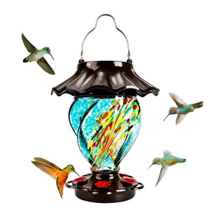Lujii Solar Hummingbird Feeder, Handmade Glass Design with 35 Ounce Capacity, Metal Base, Waterproof with Lantern Light for Garden Decor, Hanging Hummingbird Feeder