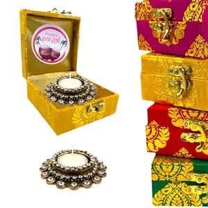 Elegant Brocade Gift Box Set with Tealight Candle Holders for Diwali, Housewarming, Christmas | Perfect Employee or Family Gift