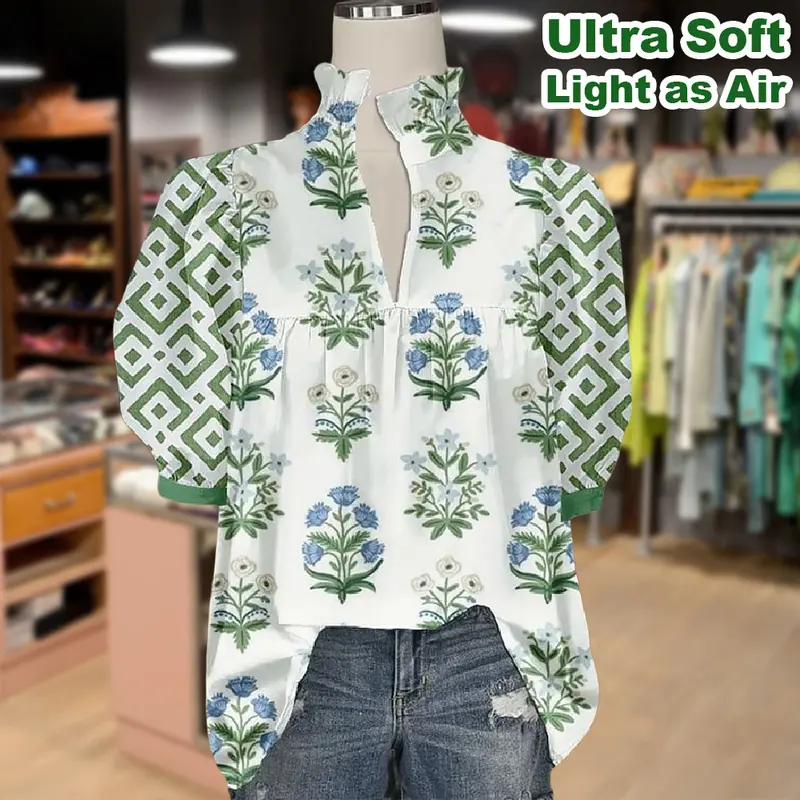 Cherrybetty Airy Floral Print V-Neck Geo Puff Sleeve Top Going Outfits Blouses Women Vintage 90s Tops Funny Shirts Women Elegant Classy Tops Blouse cute summer outfit women's summer outfits clothes going rave outfit clothes for Teachers and Mom