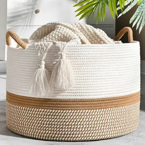 20"x13" Large Blanket Basket, Home Décor for Living Room Bedroom, Cotton Rope Laundry Basket for Clothes Pillows, Baby Decorations for Home Toy Storage, White & Camel Laundry Basket