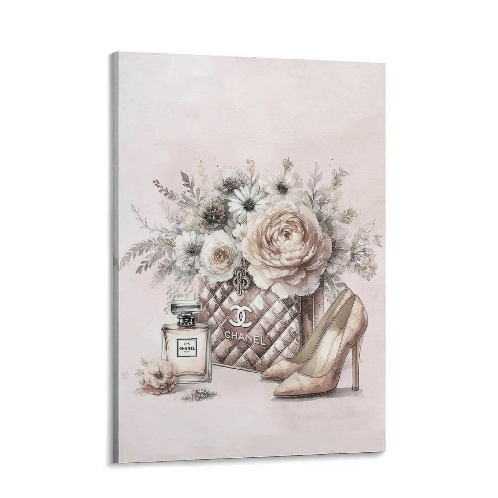 Chanel-Inspired 1-Piece Canvas Wall Art (in) - Artistic Luxury Fashion Print with Perfume, Handbags, High Heels, Bright Colors, Flowers, Ideal Gift for Bathroom & Lady's Room Decoration