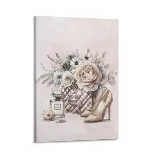 Chanel-Inspired Canvas Wall Art Inches Luxury Fashion Artwork Print, Featuring Perfume, Handbags, High Heels & Flowers, Perfect for Bathroom & Lady's Room Decor
