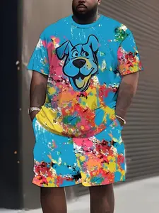 Men's Plus Size Casual Animal Pattern Sportswear Set, Breathable Activewear 3D Print T-Shirt and Short Pants, Loose Fit, Geometric Pattern, All Seasons