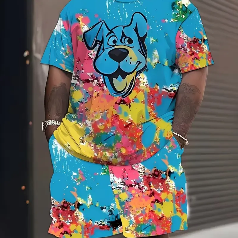 Men's Plus Size Casual Animal Pattern Sportswear Set, Summer Athletic Wear, Athleisure Summer Clothes, Athleisure Activewear Clothing, Breathable Activewear 3D Print T-Shirt and Short Pants, Casual Sporty Design, Loose Fit