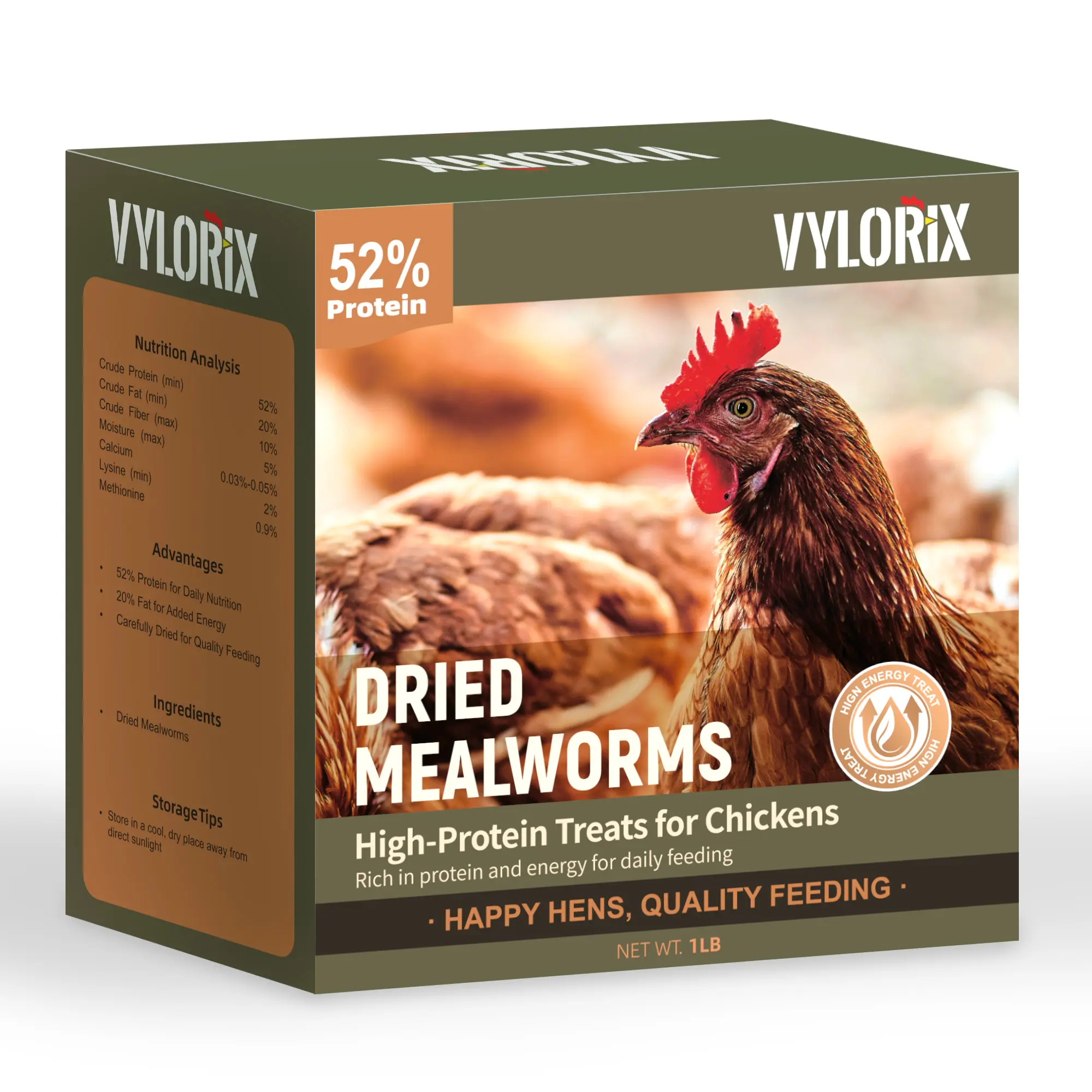 Vylorix 1 LB Dried Mealworms for Chickens, 52% High Protein Chicken Treats, 100% Dried Mealworm Snack for Hens, Ducks, Wild Birds, Quail & Backyard Poultry