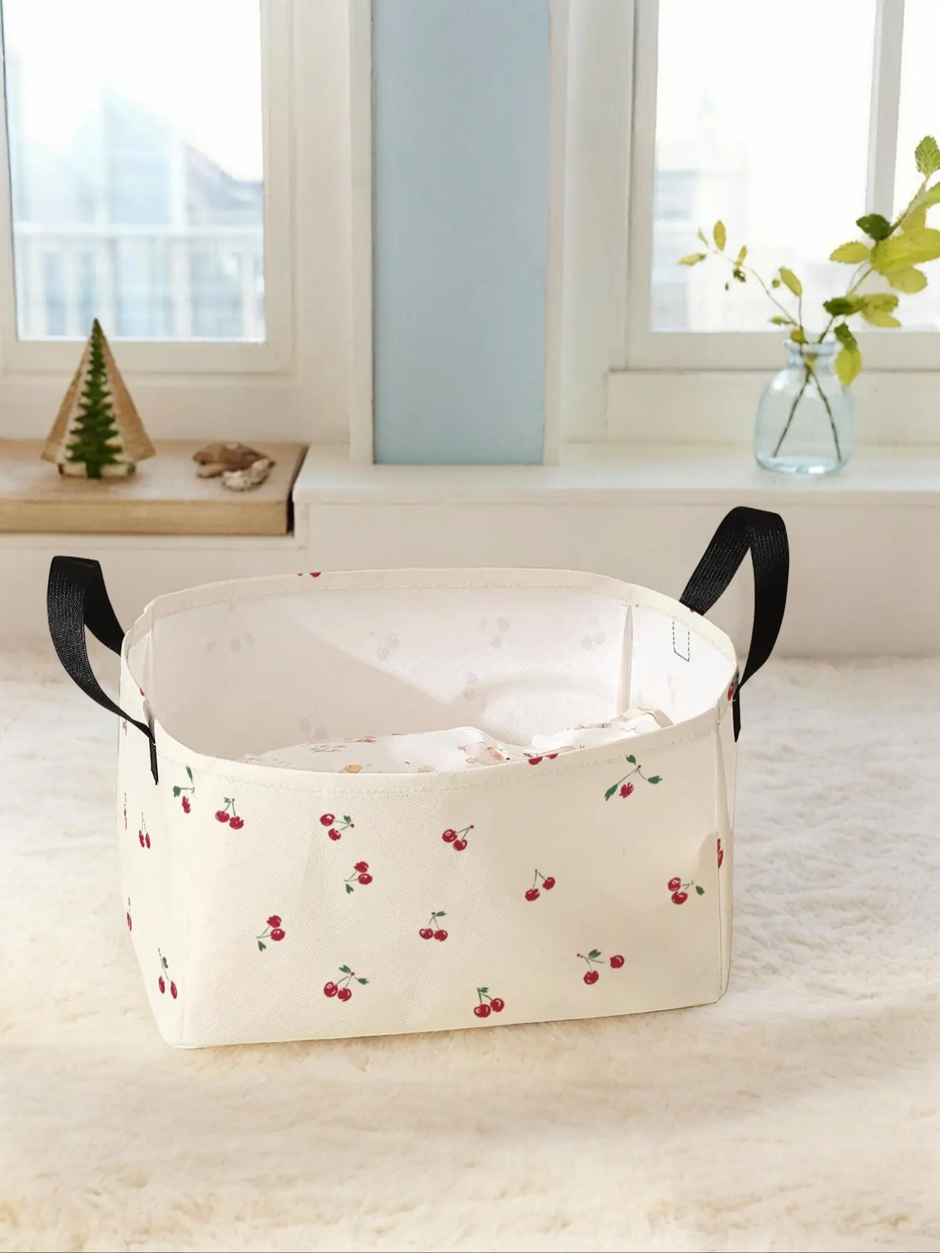 Cherry Pattern Storage Basket with Handles, Multi-functional Storage Basket, Foldable Clothes Storage Basket, Clothes Organizer, Bedroom Organizer, Bag Insert for Living Room, Bathroom and Kitchen, Clothes Baskets