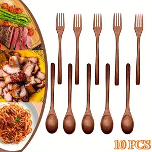 10Pcs Wooden Utensils for Eating Reusable Wooden Spoon Fork Knife Cutlery Set Kitchen Wood Dinner Flatware Tableware Set Includes Spoon, Fork, for Cooking Eating Kitchen