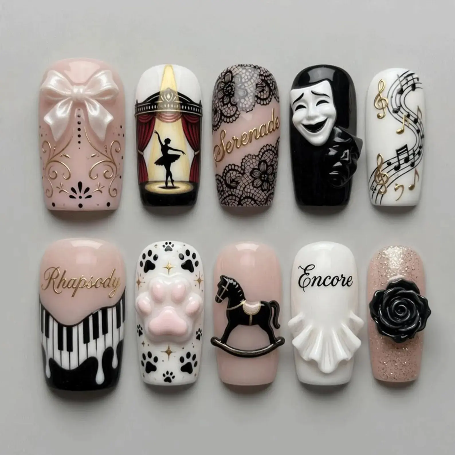 Theater Ballet Press on Nails - 3D Drama Mask & Piano _ Ballerina Serenade Lace Nails _ Luxury Hand-painted Musical Encore Fake Nails Set