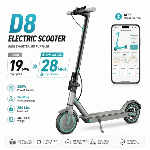 Adult Foldable Commuter Motorized Scooter, 350W Motor, 19 MPH Standard Speed, 28 MPH Max Speed via Bluetooth App, 12-16 mi Range, 8.5" Solid Tires, Sports & Outdoor Fitness Equipment for Daily Commuting, Motorized Scooters