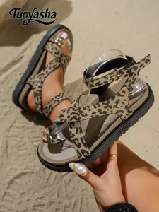 Women's Leopard Print Slip-On Thick Sole Sandals, Textile Upper, Rubber Sole, Retro Style, Less Than Ankle Height, Wild Atmosphere