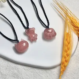 Natural Strawberry Quartz Kitten Bear Cat's Paw Pendant Necklace