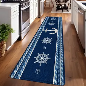 1PC，Blue and White Anchor and Rudder Geometric PatternPatterned strip rugs, used for everyday or festive decorations, entryway mats, RV mats, bathroom non-slip mats, bedroom bedside mats, and kitchen mats.