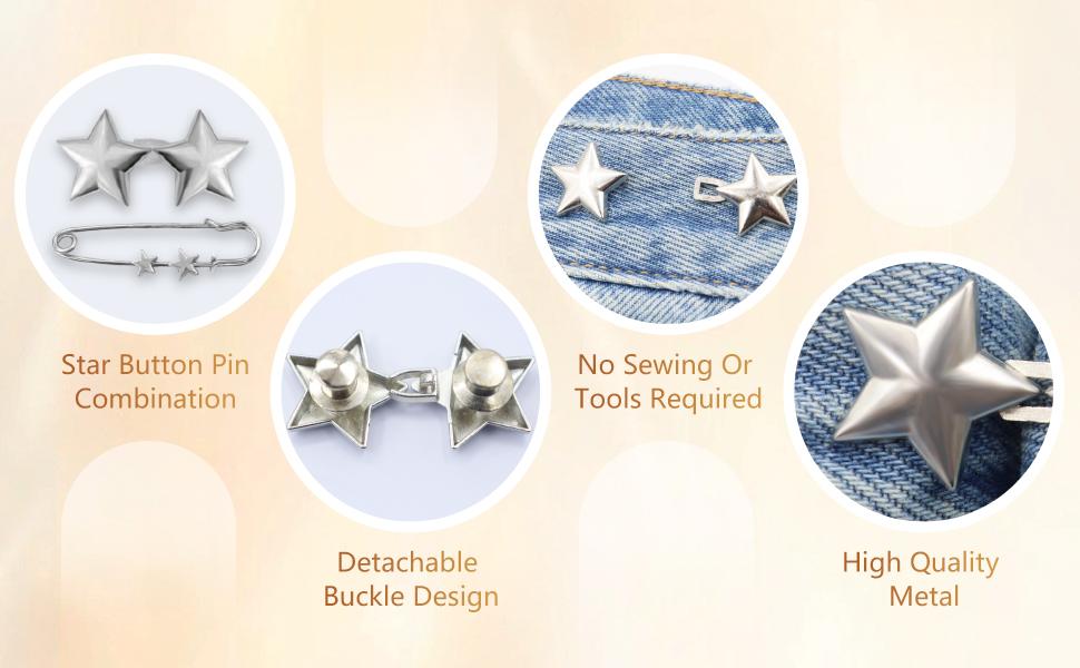 10 Set Metal Star Button Pins for Tightening Waist of Loose Jeans Reusable Waist Cincher Clips for Clothing Dresses Skirts No Sewing Needed