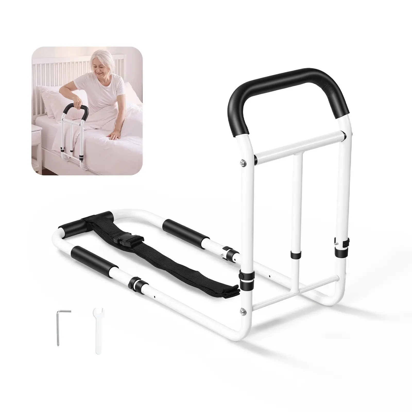 Bed Rail For Elderly Adults With 200 Lb Load Capacity, High-Strength Steel Bedside Assist Rail For Seniors, Adjustable Height And Base Length, Non-Slip Handle, Fits King, Queen, Full And Twin Beds