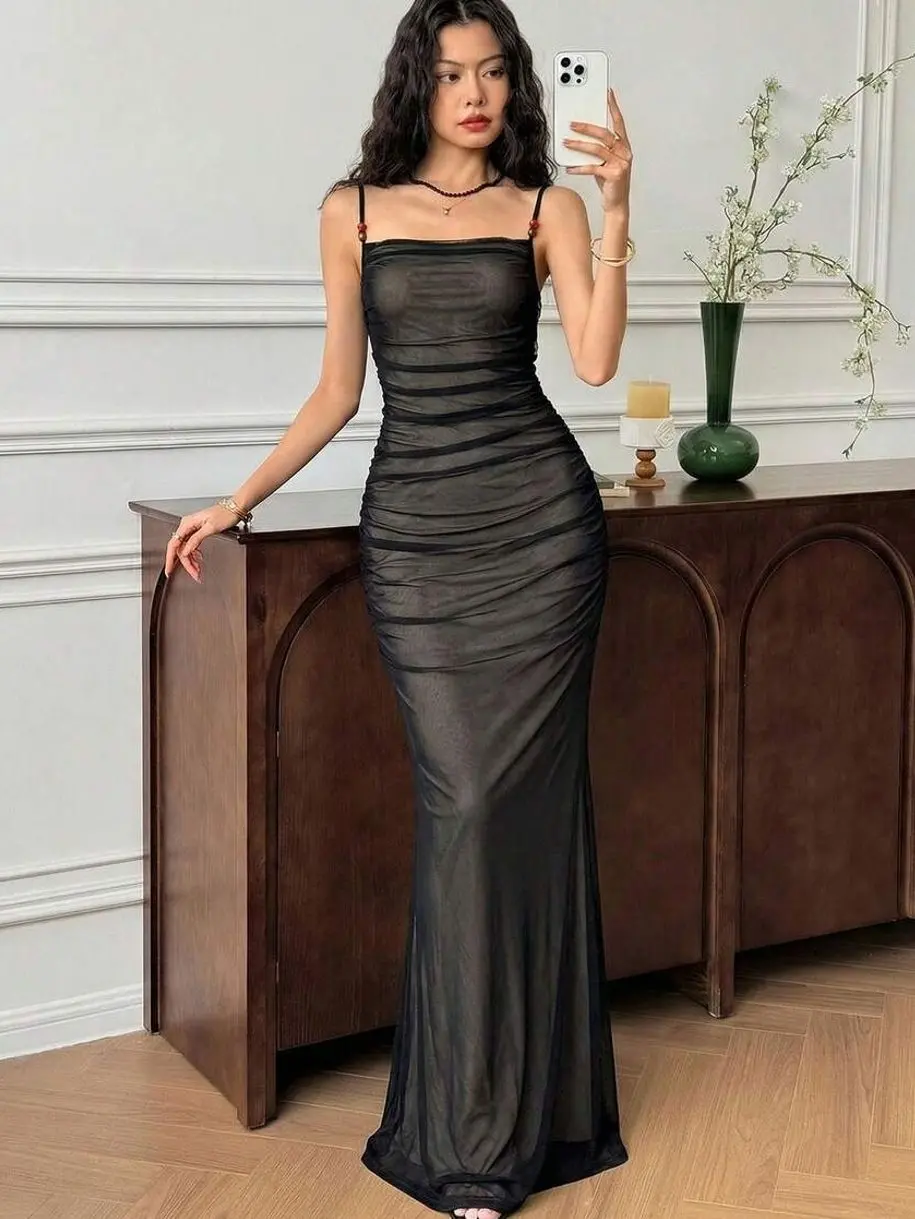 Women's Ruched Fishtail Maxi Dress Red Fitted Wedding Guest Dress Elegant