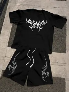 Men's Summer Liquid Starburst Thorn Totem Short Sleeve Shorts Set, Elastic Waistband, Loose Fit, Street Style, Gothic Cyberpunk
