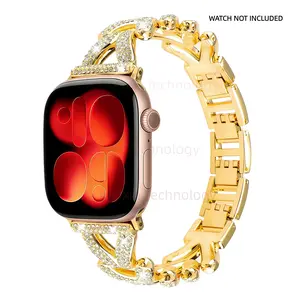 Diamond studded metal bracelet compatible with 38/40/41/42mm-42/44/45/4649mm Apple Watch straps (11/10/1/SE/Ultra 2/3 series) - Shiny gold women's jewelry strap, Smart Watch Straps, metal strap/luxury iWatch bracelet