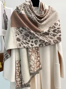 Women's Leopard Print Scarf, Fitted Design, Thick Woven Fabric, Fall & Winter Accessory, Warm Fashionable Wrap