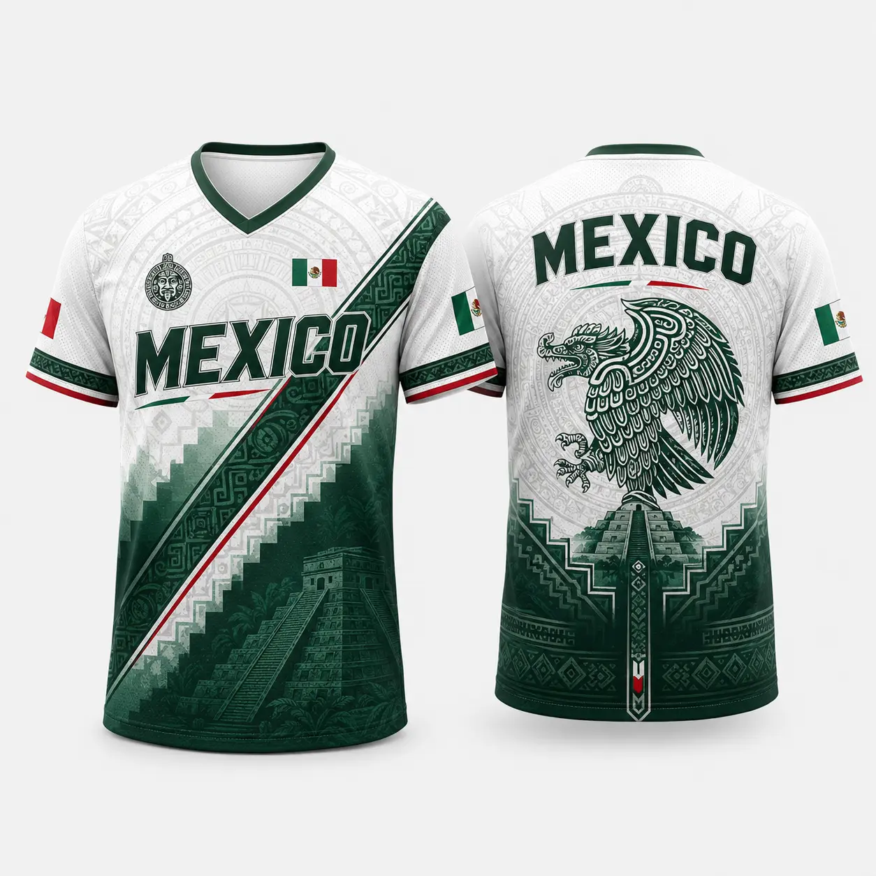 Men's V-Neck Short-Sleeve Graphic T-Shirt - Green Mexico Print, Mexican Heritage Motif, Cultural Geometric Design, Sporty Breathable Mesh Polyester, Green Mexico Print Men's Short-Sleeve T-Shirts, Mexican Heritage Motif Men's Short-Sleeve T-Shirts