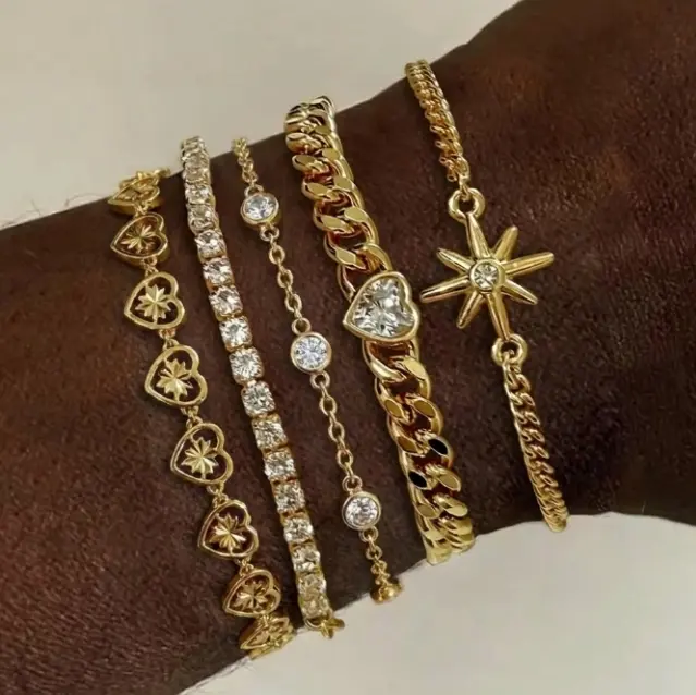 Tewiky 14K Gold Plated Bracelets for Women Waterproof, Minimalist Bracelets Stack Non Tarnish Trendy Dainty Herringbone Vintage Cuban Paperclip Heart Thin Zirconia Star Chain Stackable Jewelry Sets Modern Fashion Accessories Gifts for Women