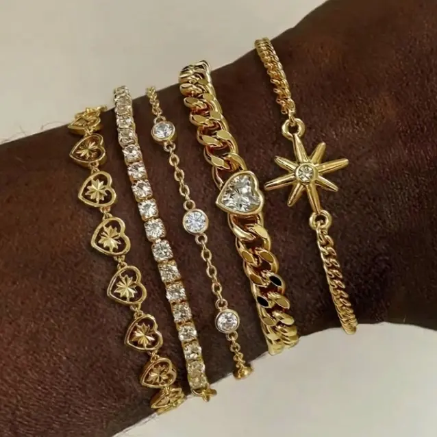Tewiky Women's 14K Gold Plated Stackable Beautiful Bracelets Set - Waterproof, Non-Tarnish, Minimalist Gold Jewelry with Herringbone, Cuban Link, Paperclip, Heart Pendant, Thin Zirconia, Star Chains - Casual Female Gift for Anniversary