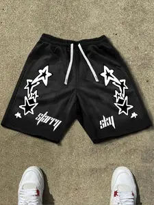 Men's Starry Shorts with Stars & Letters Print, Fashion Streetwear, Trendy Casual Summer Wear, Fitted Woven Fabric for Outdoor Activities