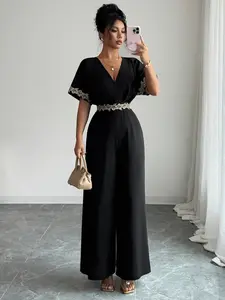 Women's V Neck Waist Slimming One-Piece Jumpsuits, Womenswear, Embroidered Lace Trim at Waist & Sleeves, Elegant Jumpsuits for Traveling and work